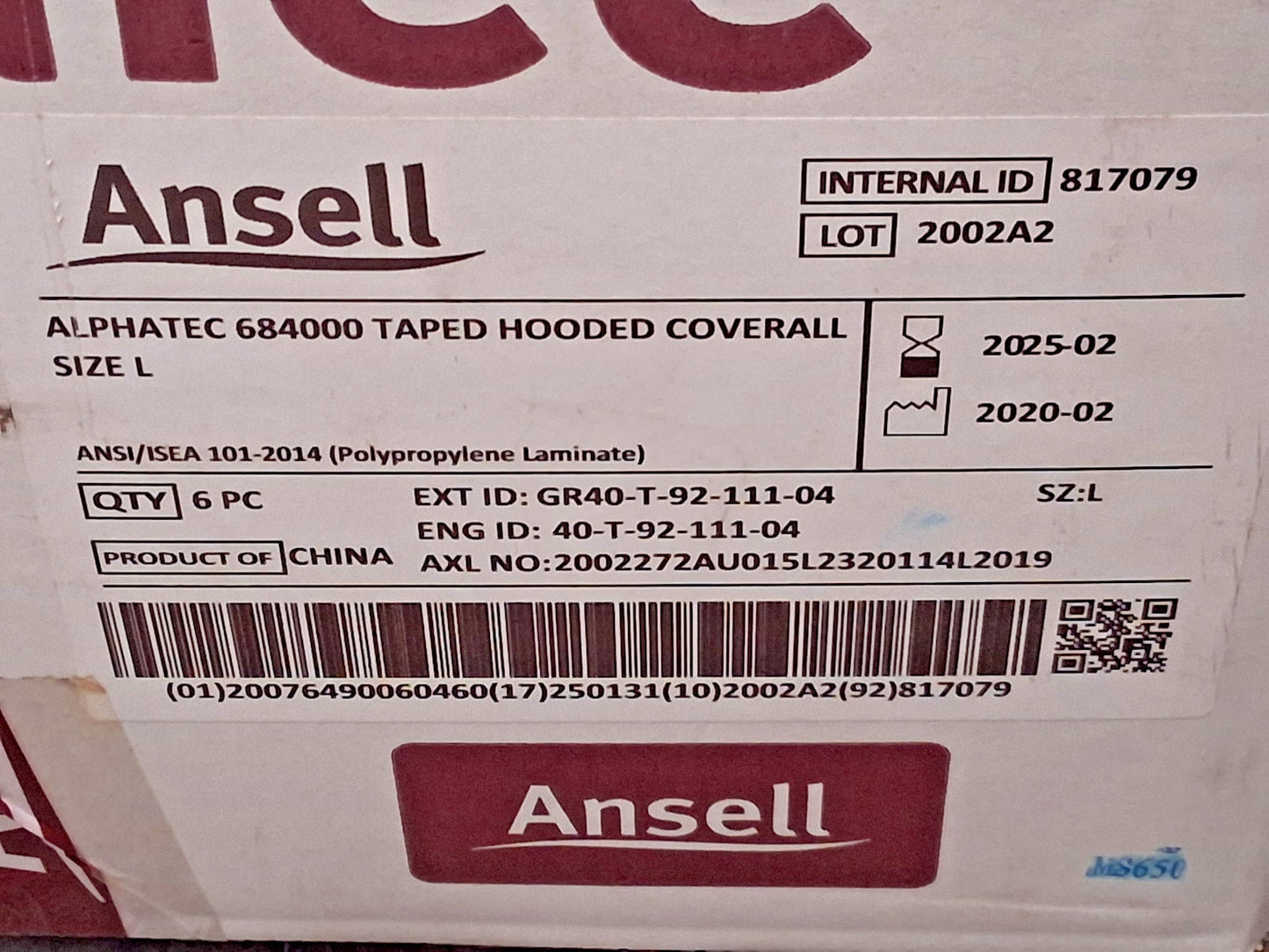 Ansell Chemical Protection Disposable Coveralls QTY6 Size L GR40-T-92-111-04