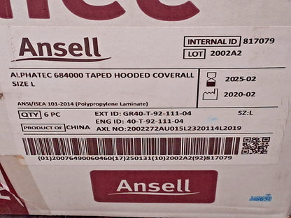 Ansell Chemical Protection Disposable Coveralls QTY6 Size L GR40-T-92-111-04