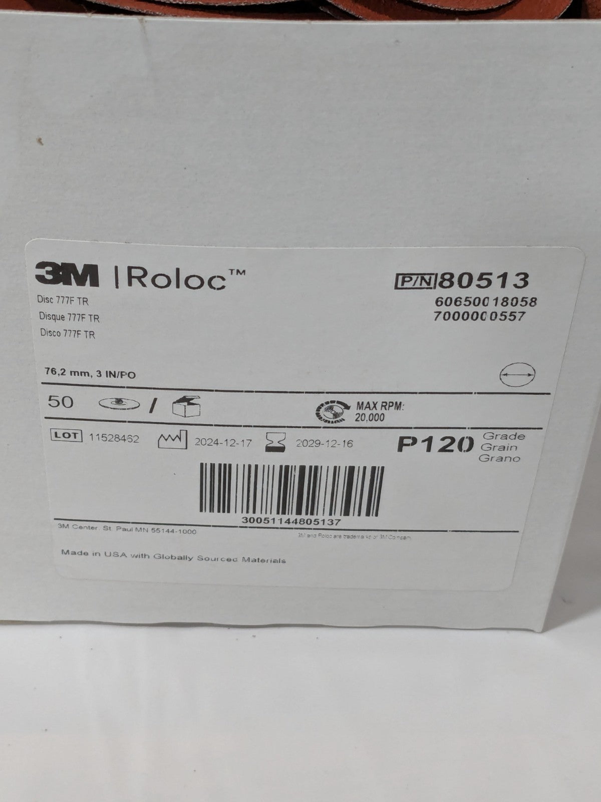 3M Quick-Change Disc: Roloc TR, 3" Dia, 120 Grit Box of 50 7000000557
