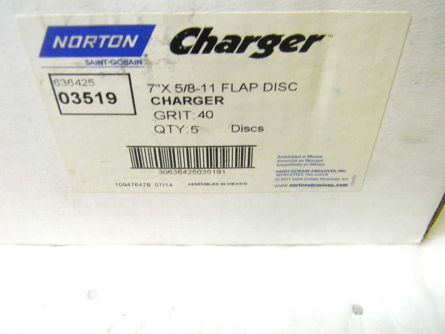 Norton Zirconia Alumina Flap Disc 7 x 5/8-11 Threaded Hole 40 Grit Qty 5