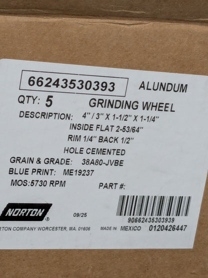 Norton Tool & Cutting Grinding Wheel: 4" Dia, 80G, J Hardness Qty 5 66243530393