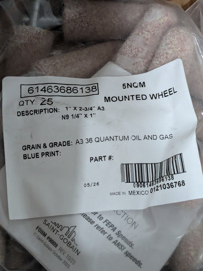 Norton Mounted Point: 1" Thick, 1/4" Shank Dia, A3, 36 Grit Qty 25 61463686138
