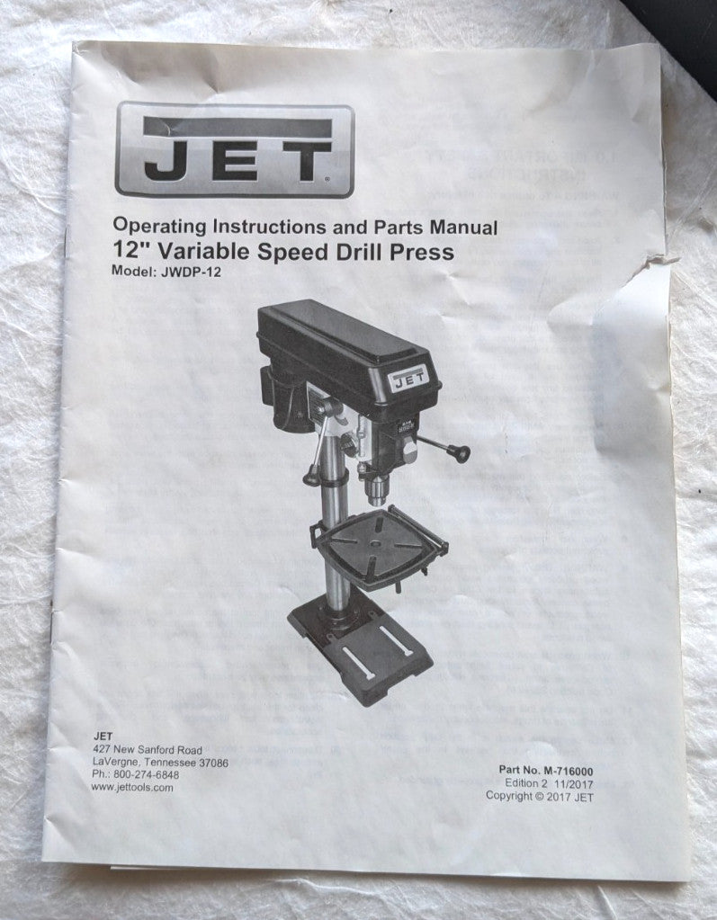 JET JWDP-12  12 inch Drill Press  115V  1/2HP  Variable Speed  520-3100 RPM