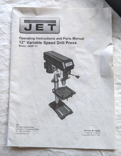 JET JWDP-12  12 inch Drill Press  115V  1/2HP  Variable Speed  520-3100 RPM