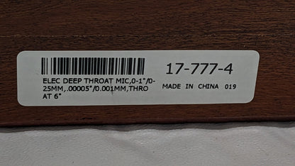SPI Digital Deep Throat Micrometer  0-1" Range X 6" Throat Depth 17-777-4