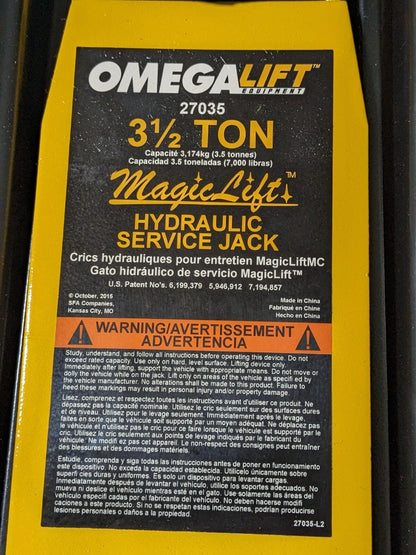Omega Magic Lift Hydraulic Service Jack 3-1/2 Ton Capacity 21-5/8" Max Height
