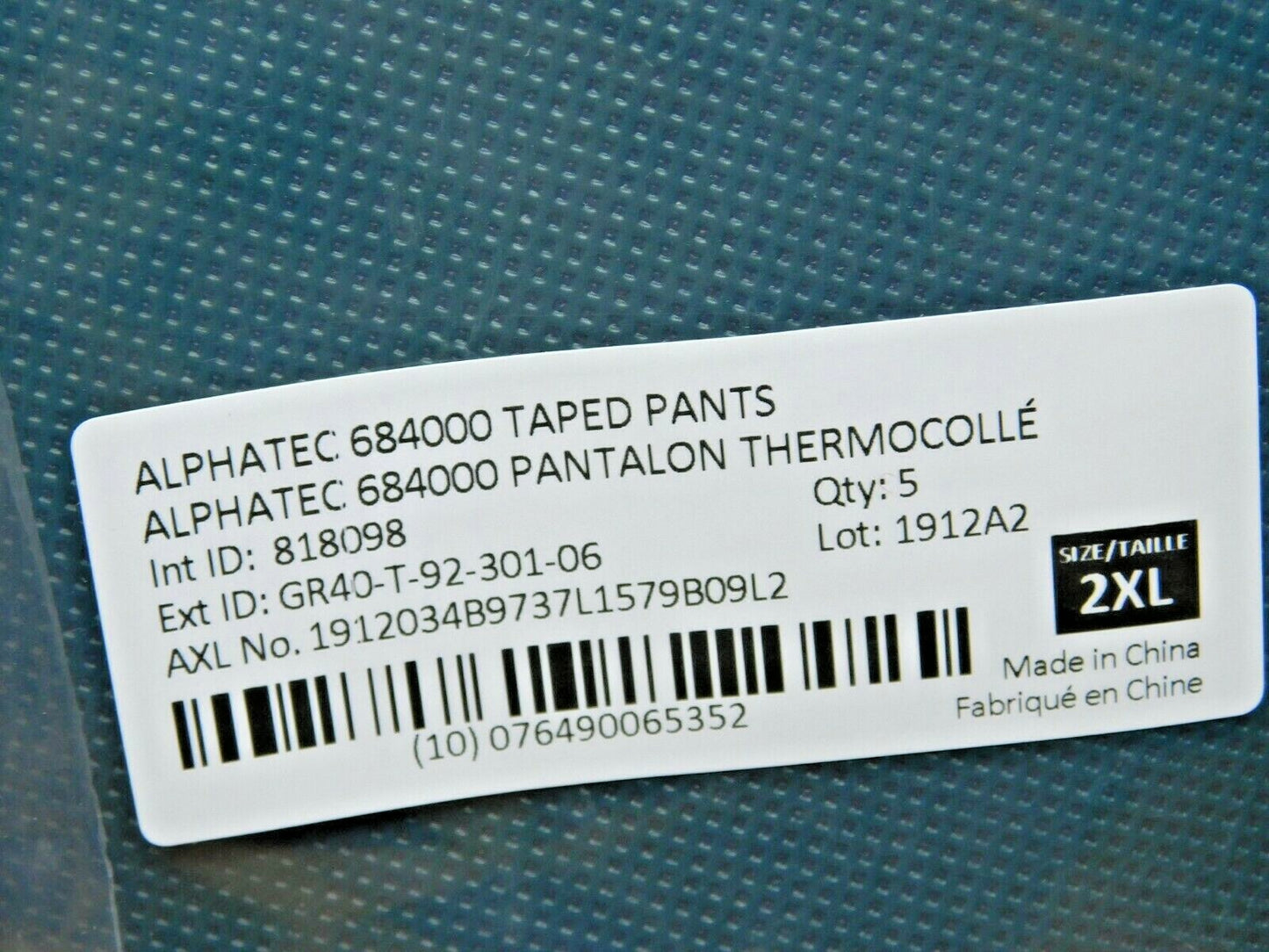 PACK of 5 Ansell Alphatec 684000 Taped Pants Green Size 2XL "GR40-T-92-301-06"