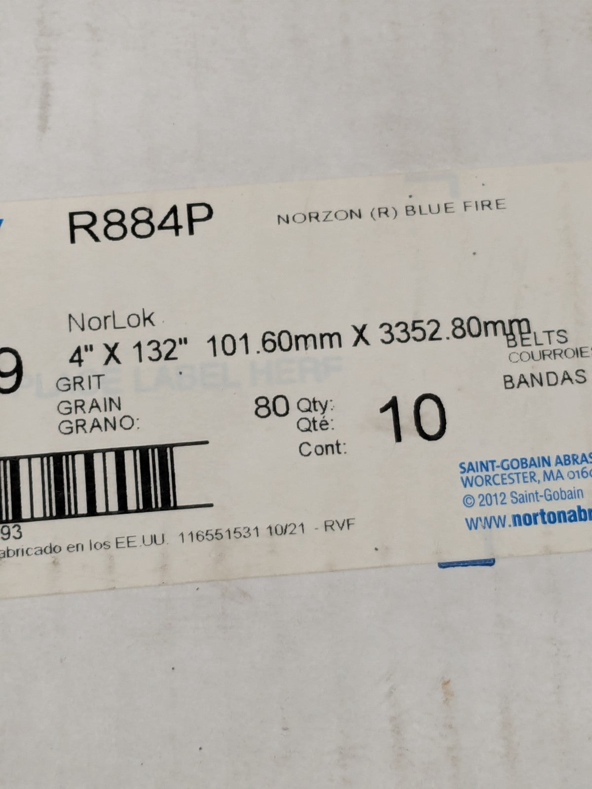 (10) Norton Abrasive Belt: 4" Wide, 132" OAL, Zirconia Alumina 80G 78072750279