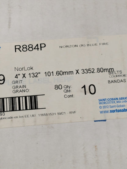 (10) Norton Abrasive Belt: 4" Wide, 132" OAL, Zirconia Alumina 80G 78072750279
