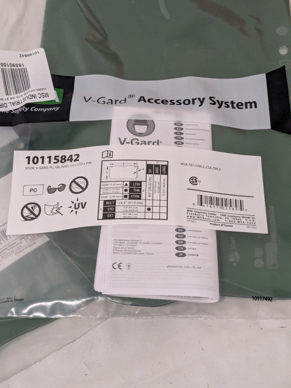 (3) MSA V-Gard Visor - Contoured Green Tint PC AF/AS (8"x17"x.06") 10115842