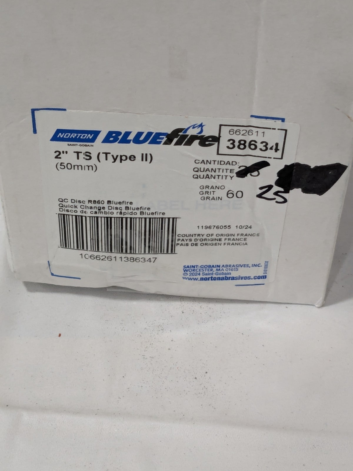 NORTON Quick-Change Disc: Type S, 2" Dia, 60 Grit, ZA Qty 25 66261138634
