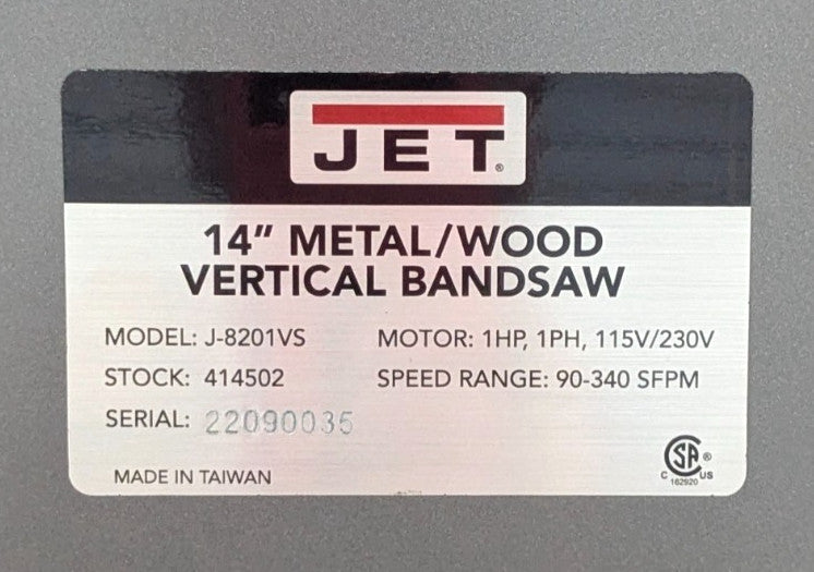 JET J-8201V 14" Metal & Wood Vertical Bandsaw  115v Variable Speed  *Incomplete*