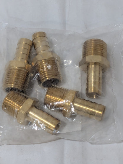 Barbed Hose Fitting: 1/2" NPT, 1/2" Hose ID, Male, Brass Qty 5 3820815