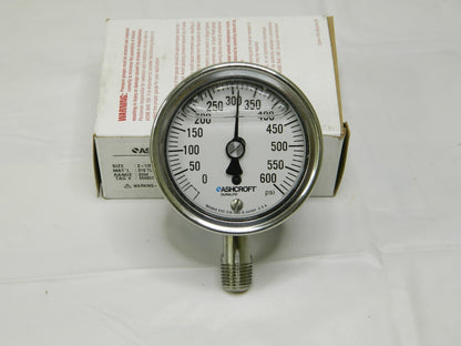ASHCROFT Pressure Gauge: 2-1/2" Dial, 0 to 600 psi, 1/4" Thread, NPT 94481