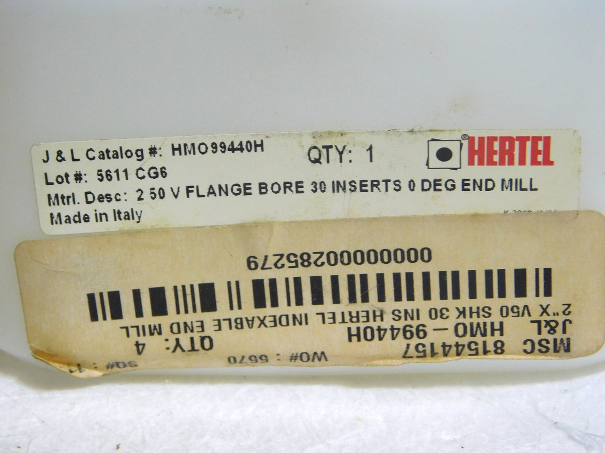 Hertel Indexable Sq Shoulder End Mill 2 Dia V50 Taper Shank 12.38 L HM099440H