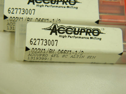 Accupro SC Sq End Mill 0.022 Dia 0.066 LOC 1/8 Shk Dia 1-1/2  OAL 4 FL Qty 4