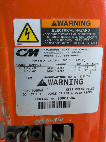 CM Shopstar Electric Chain Hoist 1/2 Ton Capacity 10 Ft Max. Lift 115v 2110