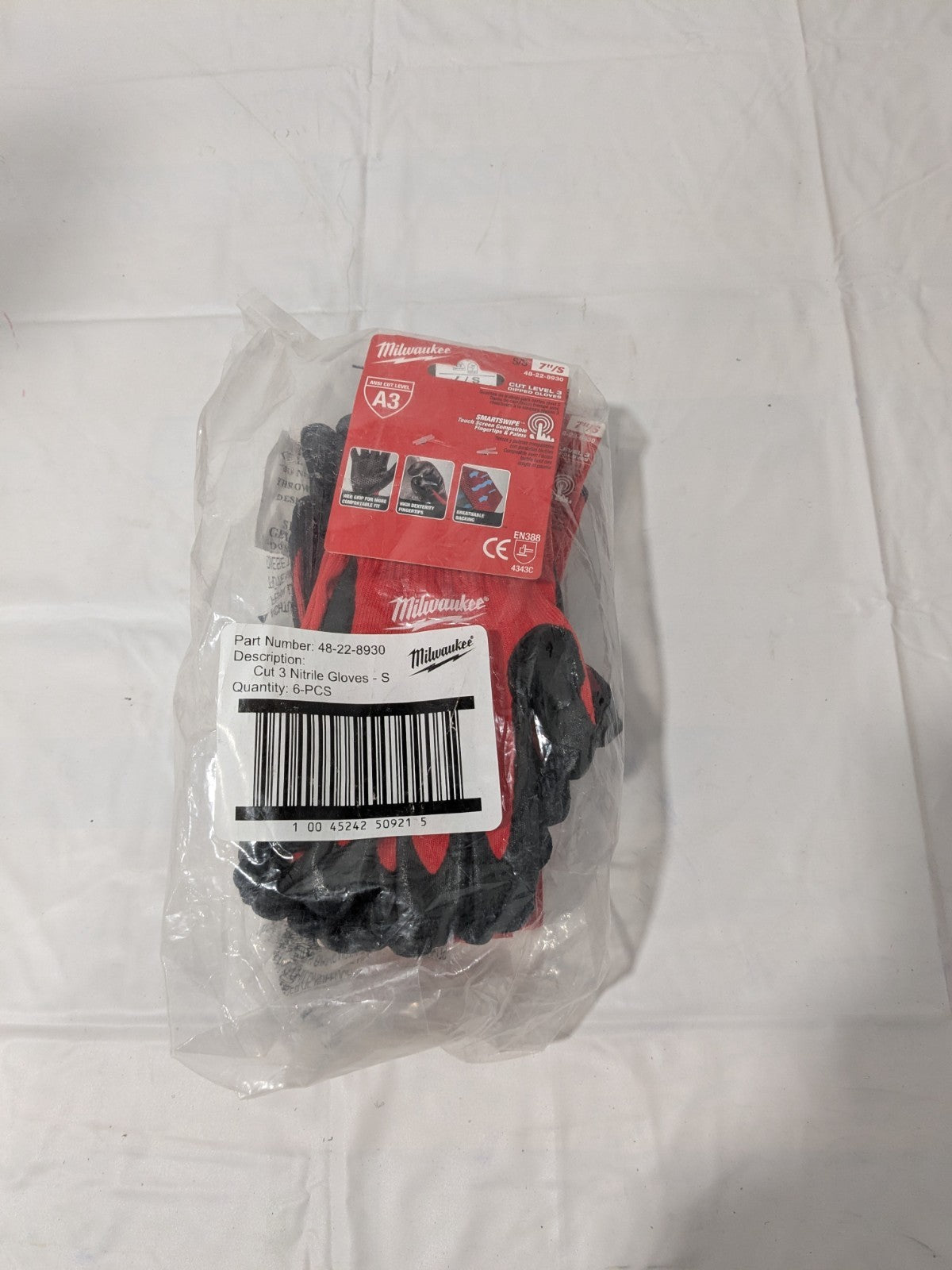 Milwaukee Cut-Resistant Glove Cut A3, Puncture 0, Sz S 6 Pairs 48-22-8930
