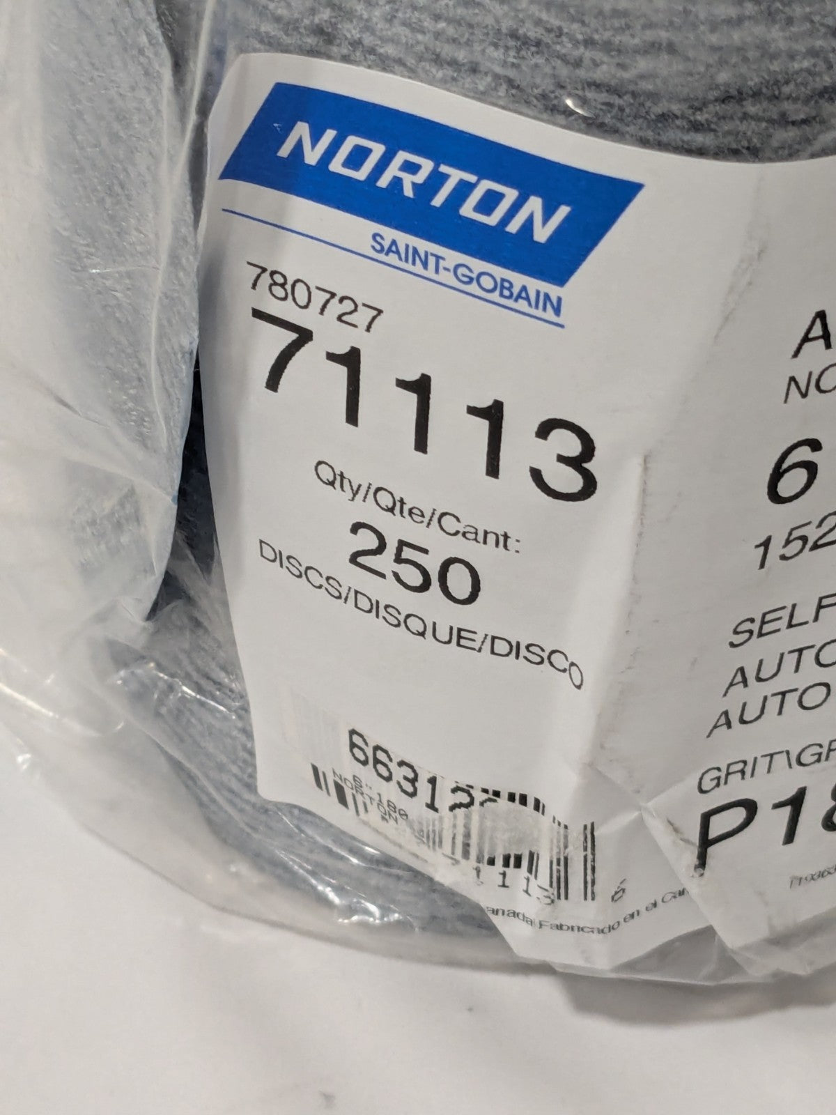 Norton 6" Dia PSA Disc Roll: 180 Grit, Silicon Carbide Qty 250 78072771113