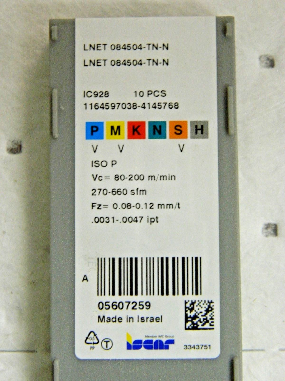 Iscar Carbide Milling Inserts LNET084504-TN-N  Grade IC928 Qty 10 5607259