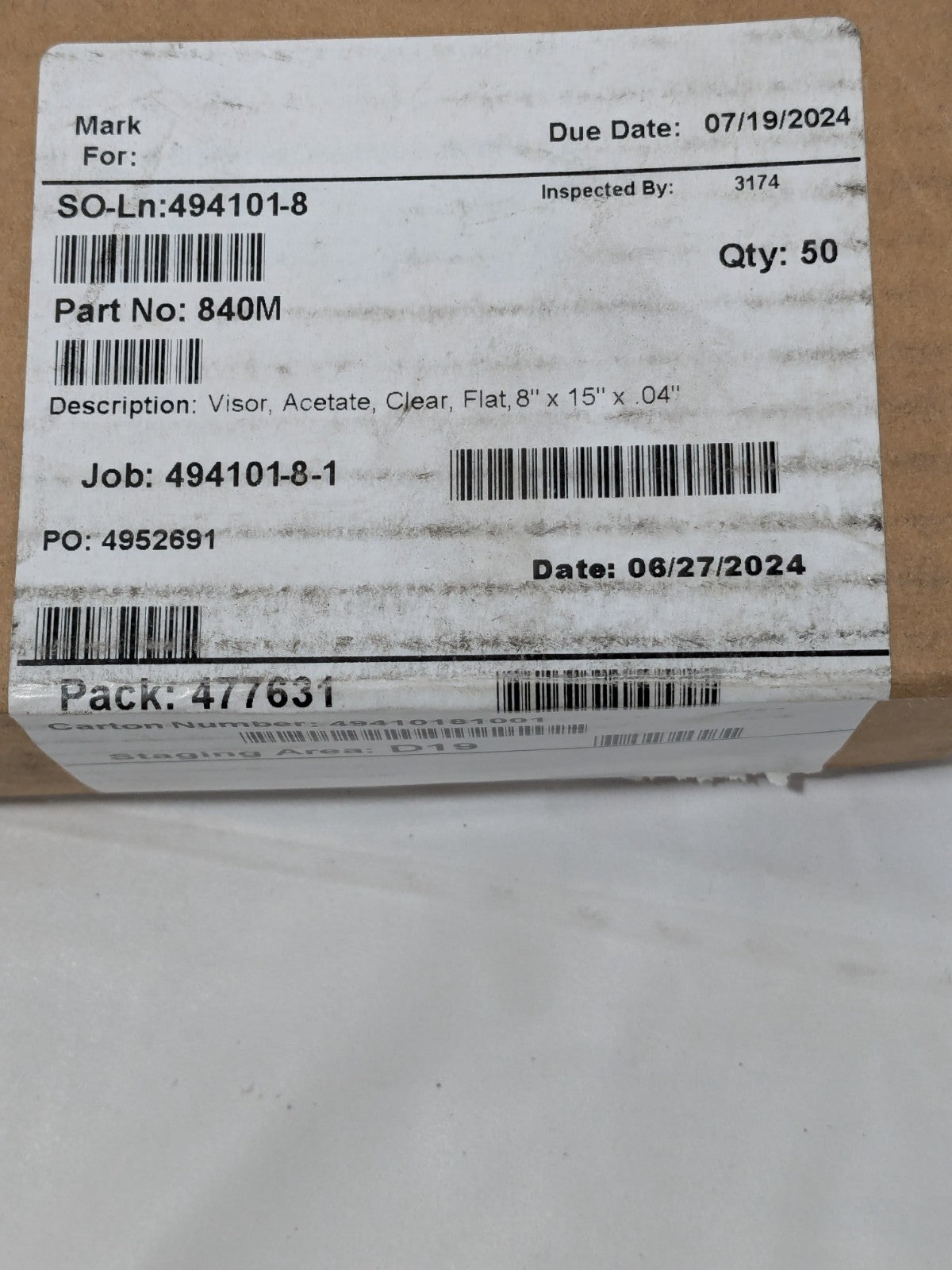 Bullard Clear Multi-fit Acetate Visor 8" High, 0.04" Thick Box of 50 840M