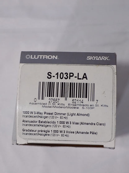 Lutron S-103P-LA Skylark 1000W 3-Way Preset Dimmer Switch Light Almond