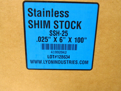 Lyon Industries Metal Shim Stock Stainless Steel .025" X 6" X 100&quot