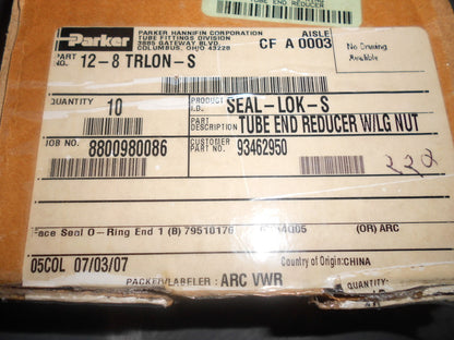 Parker O-Ring Face Seal Tube Fittings 3/4"x1/2x13/16"-16 UNF Qty 10 12-8 TRLON-S