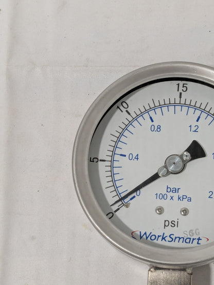 Pressure Gauge: 4" Dial, 30 psi, 1/4" Thread, NPT, Lower Mount WS-PE-G