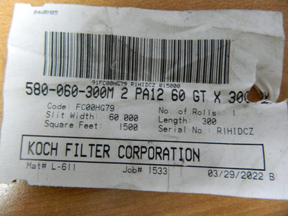 300' Long x 60 Wide x 2-1/2 Thick Fiberglass Paint Booth Air Filter Media Roll