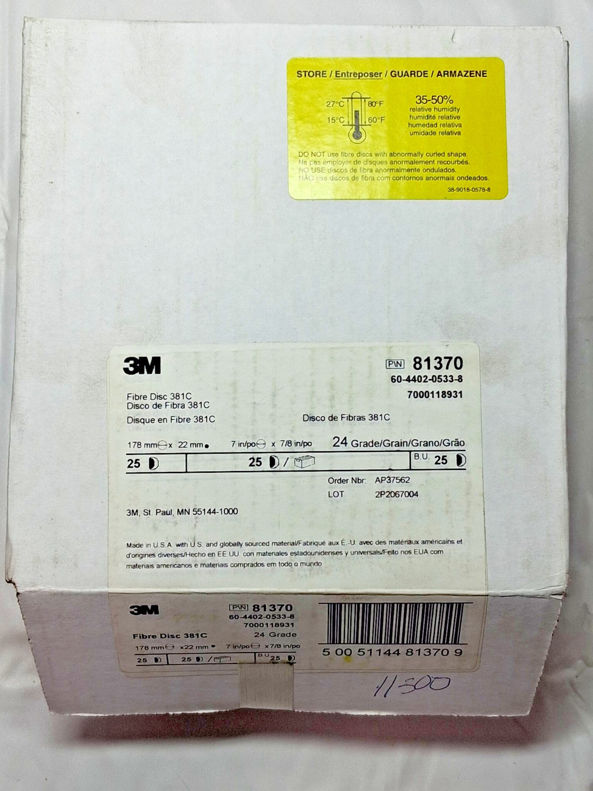 3M Aluminum Oxide Fibre Discs 381C 7" x 7/8" 24 Grit  QTYT25 7000118931