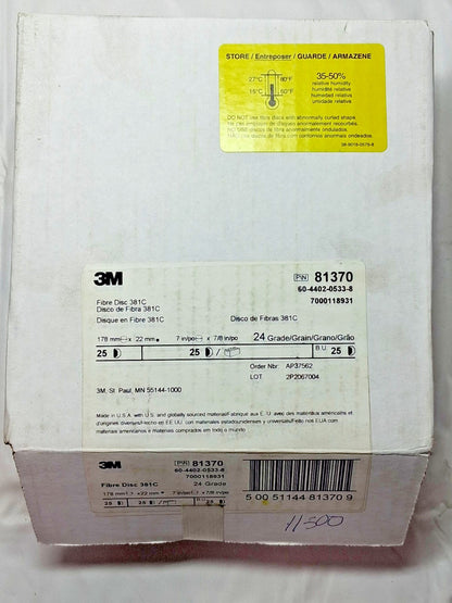3M Aluminum Oxide Fibre Discs 381C 7" x 7/8" 24 Grit  QTYT25 7000118931
