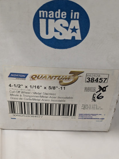 (6) Norton 4-1/2 x 1/16 x 5/8-11 Type 27/42 Depressed Center Wheels 66252838457