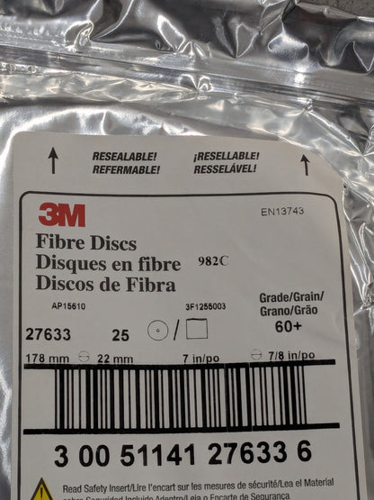 3M Fiber Disc: 7" Disc Dia, 7/8" Hole, Arbor Hole, 60G Qty 25 7000028198