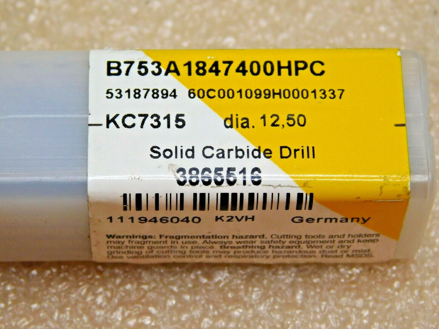 Kennametal Carbide Coolant Drill 12.50mm Dia B753A1847400HPC 3865516
