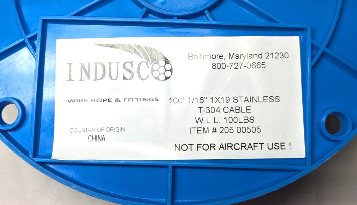 INDUSCO 1/16" 1x19 T304 Stainless Steel Wire Rope 100lbs WLL  205 00505