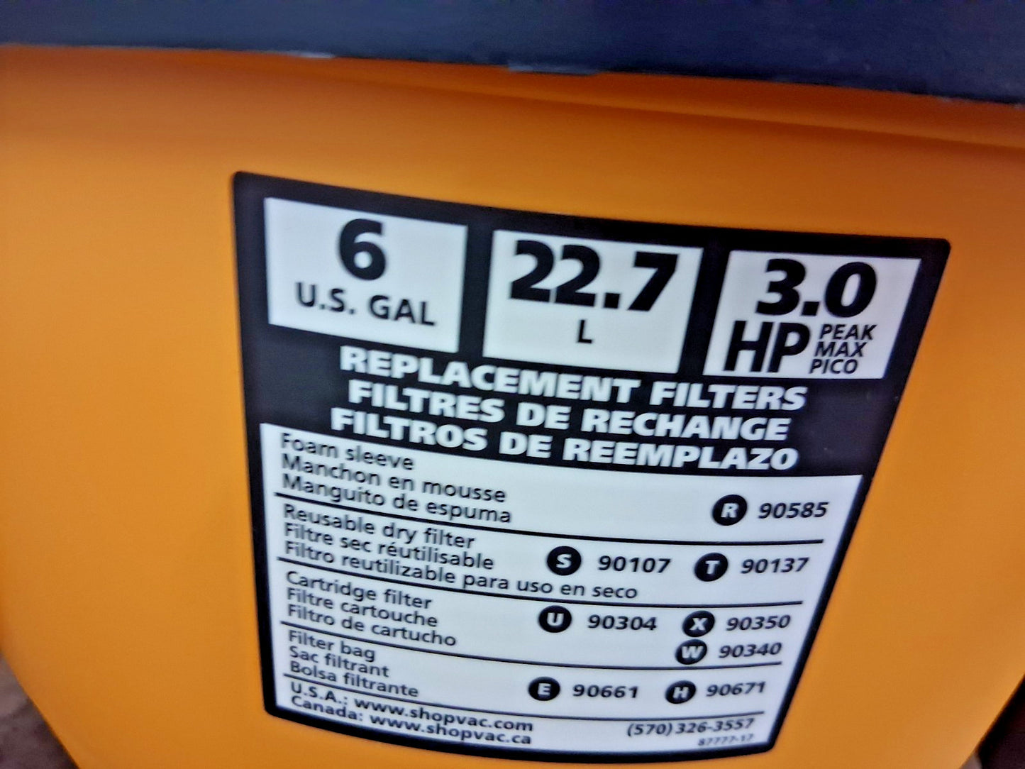 Shop.Vac Wet Dry Vacuum 8.4 A 6 Gal Tank 6 HP Rating 120 VAC Poly Pro 9653610