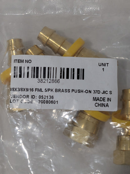 Barbed Push-On Hose Female Connector: 9/16" UNF, Brass Qty 5 38212866