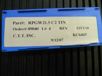 C.C.T Inc. Carbide Inserts RPGW 21.5 C2 TiN Box of 10