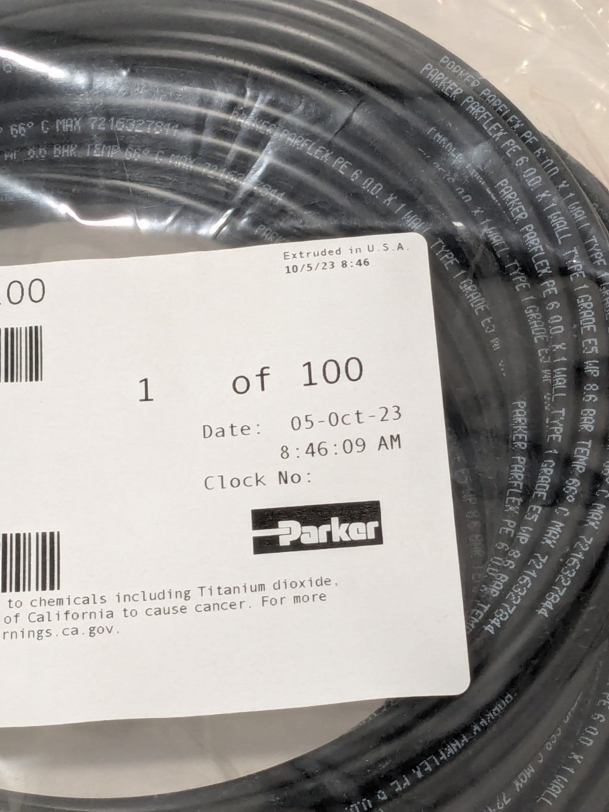 Parker Black Polyethylene Tube: 100' Long, 4mm I.D. EB-6X1-0100-DUP