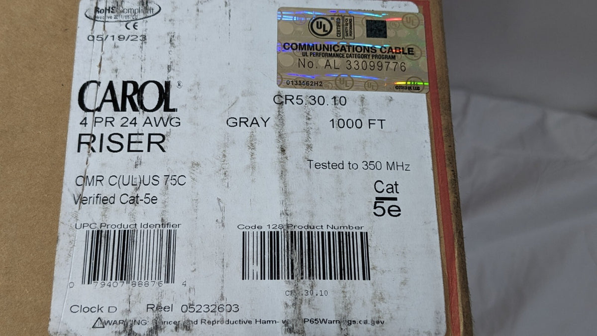 Carol Helix/Hi-Temp Cat 5e Riser Gray 4PR 24AWG Approx 1000 Ft/18 Lbs CR5.30.10