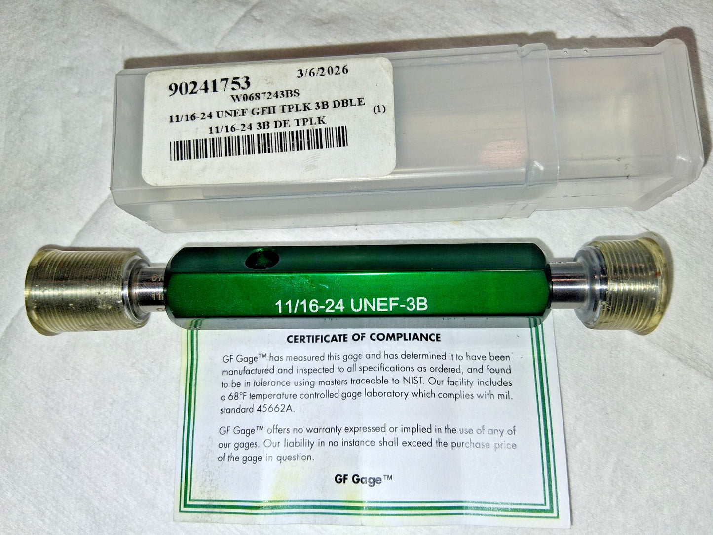 GF Gage Plug Thread Gage 11/16-24 3B Class Double End Go & No Go W0687243BS