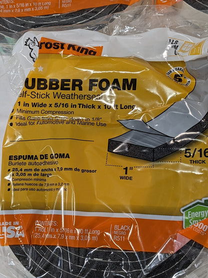 Frost King Rubber Foam Weatherseal Tape, 1W x 5/16-In. T x 10-Ft. Qty 5 R511H
