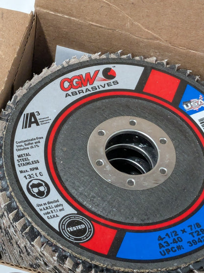 CGW Flap Disc: 4-1/2" Dia, 7/8" Hole, Aluminum Oxide, Type 29 Box of 10 39422