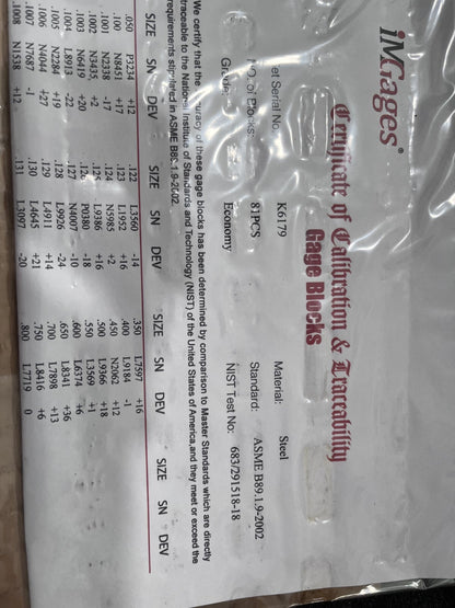 IMGAGES Gage Block Set: 0.05 to 4'' Range, 81 Pc, Economy Grade, Steel 630-4115