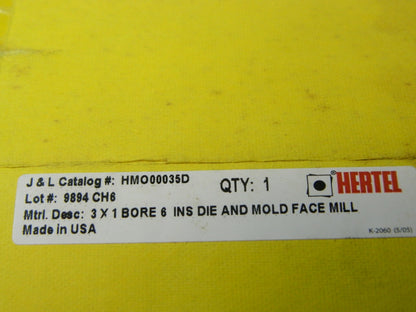 Hertel Die & Mold Face Mill 3 Dia 6Fl 1 Bore RH 1.97H 5460 Max RPM HMO00035D