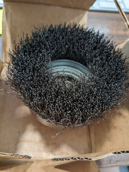 WEILER Cup Brush: 4" Dia, 0.014" Wire Dia, Steel, Crimped 93652