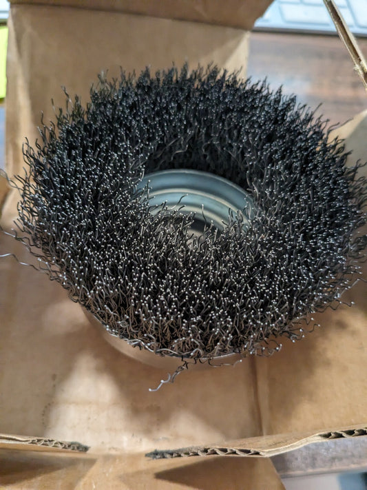WEILER Cup Brush: 4" Dia, 0.014" Wire Dia, Steel, Crimped 93652