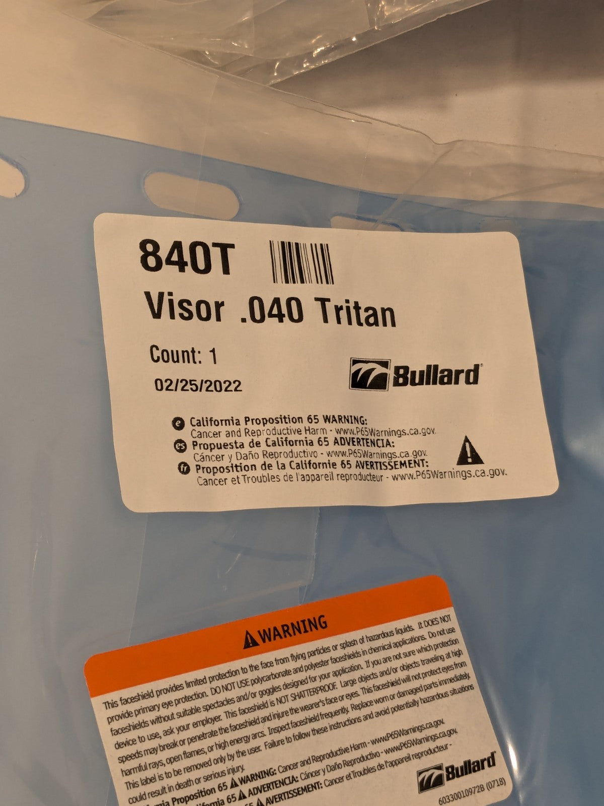 BULLARD Face Shield Visor: 15" X 8" X 0.04", Clear Pack of 12 840T