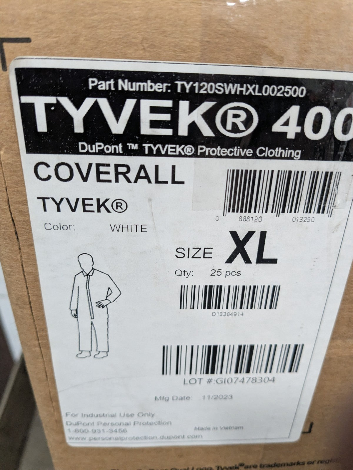 Dupont Disposable Coveralls: Particle Protection, SZ XL Qty 25 TY120SWHXL002500